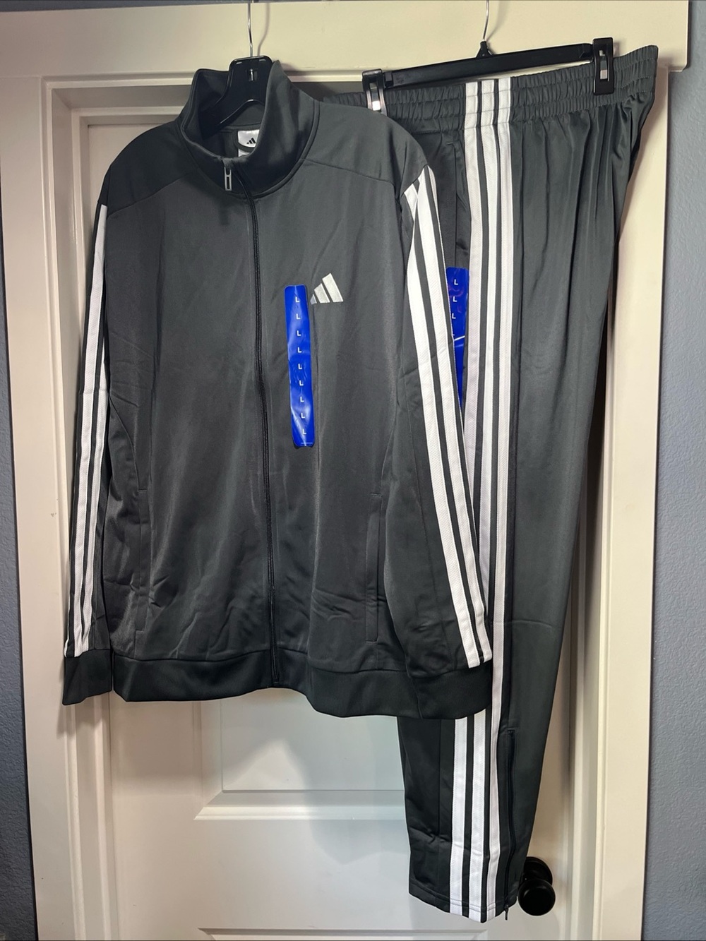 Mens Large Adidas 3 Stripe Tricot Track Jacket And Pant Gray White Set Suit New